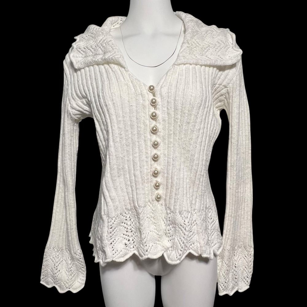 Vtg 90s Y2K Pearl Button Sweater‎ L White Lace Collar Sleeves Ribbed Coquette